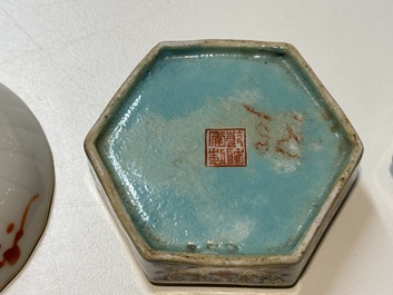 A pair of Chinese famille rose plaques, two brush pots, a saucer and a covered box, Qianlong mark, 18/19th C.