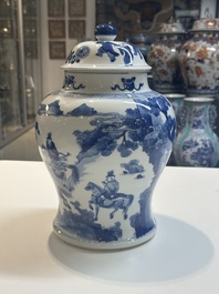 A Chinese blue and white 'Mongolian hunt' vase and cover, Kangxi