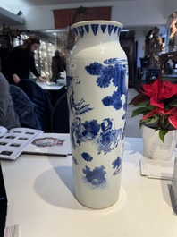 A fine Chinese blue and white sleeve vase with narrative design, Transitional period