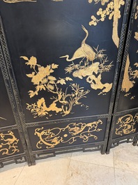 A Chinese gilt-lacquered wooden five-panel folding screen with birds and dragons, 19th C.
