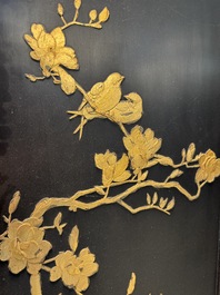 A Chinese gilt-lacquered wooden five-panel folding screen with birds and dragons, 19th C.