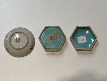 A pair of Chinese famille rose plaques, two brush pots, a saucer and a covered box, Qianlong mark, 18/19th C.