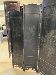 A Chinese gilt-lacquered wooden five-panel folding screen with birds and dragons, 19th C.