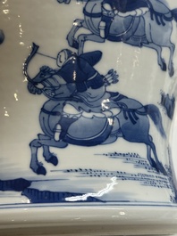 A Chinese blue and white 'Mongolian hunt' vase and cover, Kangxi