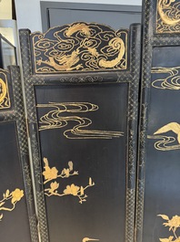 A Chinese gilt-lacquered wooden five-panel folding screen with birds and dragons, 19th C.