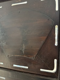 A Chinese four-fold wooden room divider with famille rose 'Romance of the Western Chamber' plaques, Republic