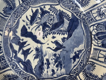 A large Chinese blue and white 'kraak' dish with geese among lotus flowers, Wanli