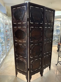 A Chinese four-fold wooden room divider with famille rose 'Romance of the Western Chamber' plaques, Republic