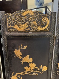 A Chinese gilt-lacquered wooden five-panel folding screen with birds and dragons, 19th C.