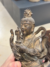 A pair of fine Chinese gilt bronze heavenly kings on stand, Ming