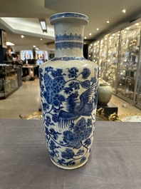 A Chinese blue and white 'phoenix and peony scroll' rouleau vase, Kangxi