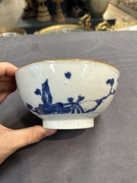 Six Chinese blue and white shipwreck bowls and three covered boxes from the Hatcher and Nanking cargo, Transitional period and Qianlong