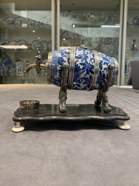 A Dutch silver-mounted Chinese blue and white barrel, silver dated 1857, Kangxi