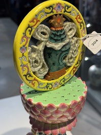 A large Chinese famille rose Buddhist emblem altar ornament, Qianlong mark and of the period