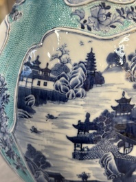 A pair of Chinese turquoise-ground blue and white vases depicting the Whampoa Pagoda and the Pearl River, Qianlong