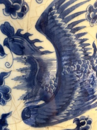 A Chinese blue and white 'phoenix and peony scroll' rouleau vase, Kangxi