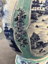 A pair of Chinese turquoise-ground blue and white vases depicting the Whampoa Pagoda and the Pearl River, Qianlong