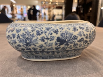 A very rare Chinese blue and white oval box with inner liner and cover, Ming, 15th C.