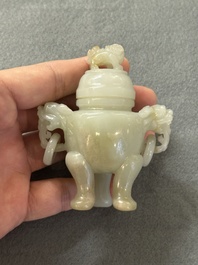 Two Chinese celadon jade censers, a snuff bottle and a two-handled cup, Ming and later