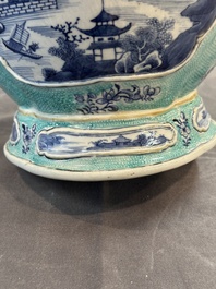 A pair of Chinese turquoise-ground blue and white vases depicting the Whampoa Pagoda and the Pearl River, Qianlong