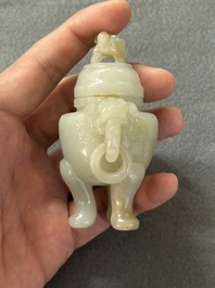 Two Chinese celadon jade censers, a snuff bottle and a two-handled cup, Ming and later