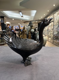 A Chinese bronze duck-form incense burner, Ming