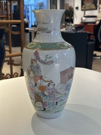 A Chinese famille rose vase with figural design, Qianlong mark, 19th C