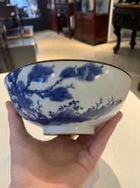 A Chinese blue and white 'Bleu de Hue' 'roosters and chick' plaque in a carved wooden screen and a bowl, 19th C.