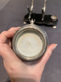 A Dutch silver-mounted Chinese blue and white barrel, silver dated 1857, Kangxi