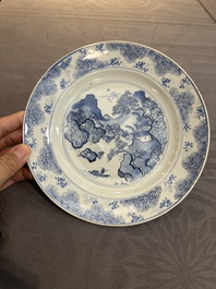 A Chinese blue and white 'Master of the Rocks' plate, Kangxi