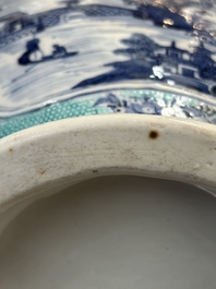 A pair of Chinese turquoise-ground blue and white vases depicting the Whampoa Pagoda and the Pearl River, Qianlong