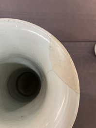A pair of Chinese wucai 'gu' vases with narrative design, Transitional period
