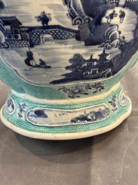 A pair of Chinese turquoise-ground blue and white vases depicting the Whampoa Pagoda and the Pearl River, Qianlong