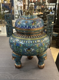 A large Chinese cloisonn&eacute; 'dragon' tripod censer and cover, Republic