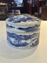 A rare Chinese blue and white cylindrical box and cover for the Chinese or Thai market, Jin Tang Fa Ji 錦堂發記 mark, Daoguang