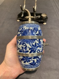 A Dutch silver-mounted Chinese blue and white barrel, silver dated 1857, Kangxi