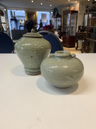 Two Chinese Longquan celadon jars with floral design, Ming