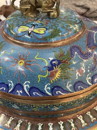 A large Chinese cloisonn&eacute; 'dragon' tripod censer and cover, Republic
