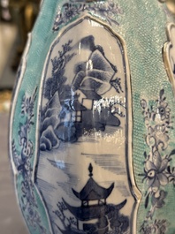 A pair of Chinese turquoise-ground blue and white vases depicting the Whampoa Pagoda and the Pearl River, Qianlong