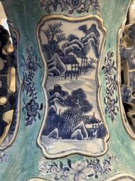A pair of Chinese turquoise-ground blue and white vases depicting the Whampoa Pagoda and the Pearl River, Qianlong