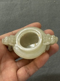 Two Chinese celadon jade censers, a snuff bottle and a two-handled cup, Ming and later