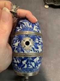 A Dutch silver-mounted Chinese blue and white barrel, silver dated 1857, Kangxi