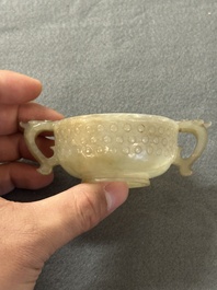 Two Chinese celadon jade censers, a snuff bottle and a two-handled cup, Ming and later