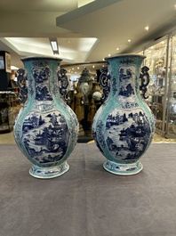 A pair of Chinese turquoise-ground blue and white vases depicting the Whampoa Pagoda and the Pearl River, Qianlong