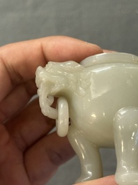 Two Chinese celadon jade censers, a snuff bottle and a two-handled cup, Ming and later