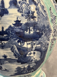 A pair of Chinese turquoise-ground blue and white vases depicting the Whampoa Pagoda and the Pearl River, Qianlong