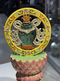 A large Chinese famille rose Buddhist emblem altar ornament, Qianlong mark and of the period