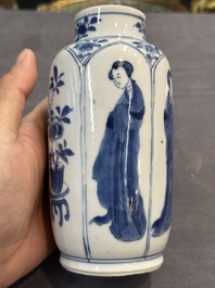 A pair of Chinese blue and white 'Long Eliza' vases and covers, jade mark, Kangxi