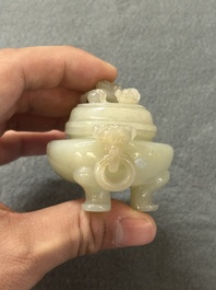 Two Chinese celadon jade censers, a snuff bottle and a two-handled cup, Ming and later