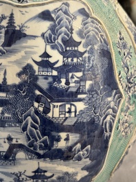 A pair of Chinese turquoise-ground blue and white vases depicting the Whampoa Pagoda and the Pearl River, Qianlong